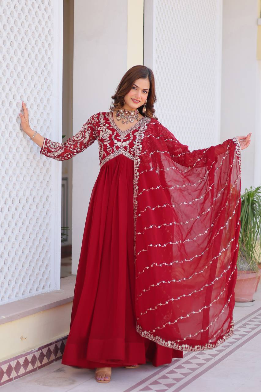 Fabulous Faux Georgette Heavy Sequins Embroidered Gown With Dupatta - ETHNICDEAL