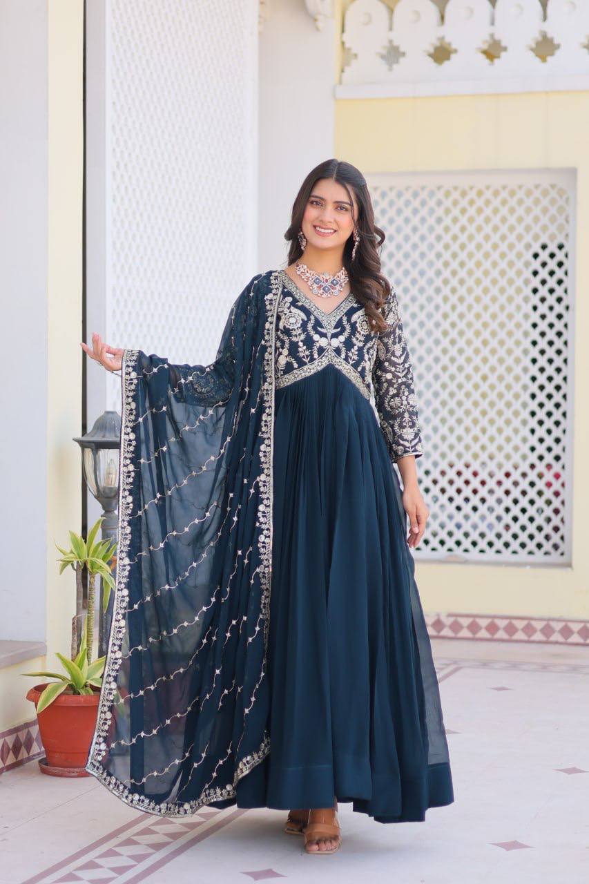 Fabulous Faux Georgette Heavy Sequins Embroidered Gown With Dupatta - ETHNICDEAL