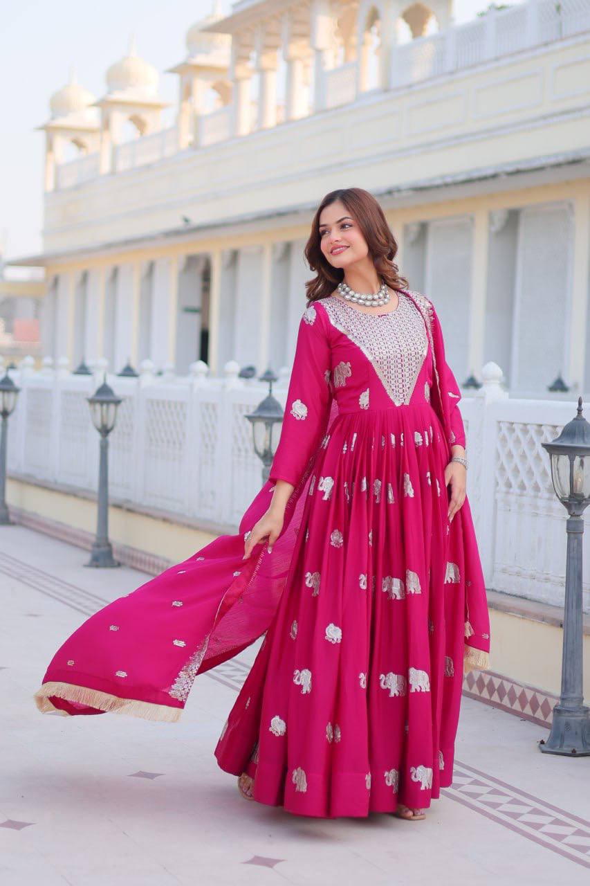 Pure Chinon Embroidered Gown with Heavy Sequin Work and Lace Border Dupatta - ETHNICDEAL