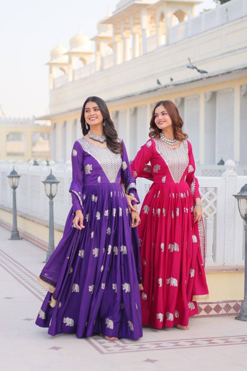 Pure Chinon Embroidered Gown with Heavy Sequin Work and Lace Border Dupatta - ETHNICDEAL