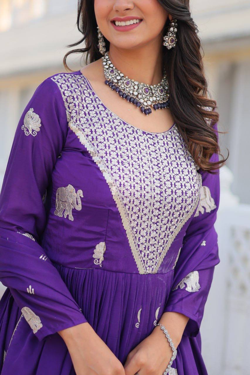 Pure Chinon Embroidered Gown with Heavy Sequin Work and Lace Border Dupatta - ETHNICDEAL