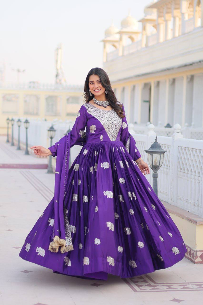 Pure Chinon Embroidered Gown with Heavy Sequin Work and Lace Border Dupatta - ETHNICDEAL