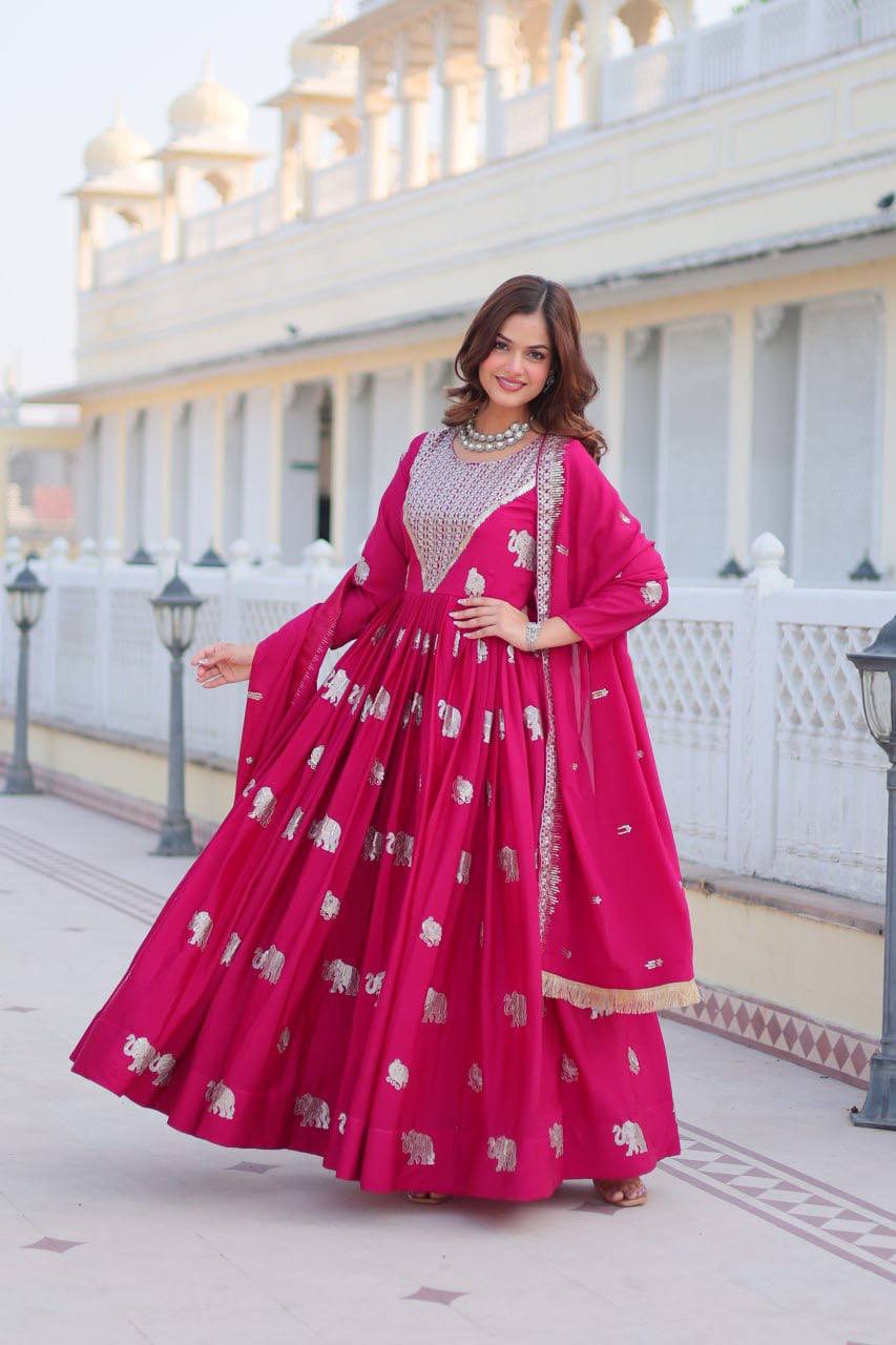 Pure Chinon Embroidered Gown with Heavy Sequin Work and Lace Border Dupatta - ETHNICDEAL