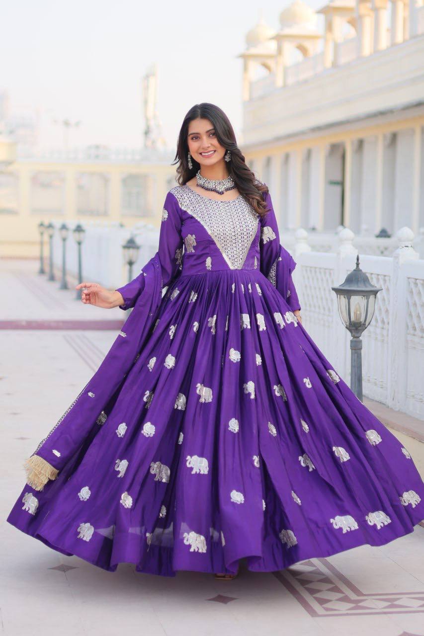 Pure Chinon Embroidered Gown with Heavy Sequin Work and Lace Border Dupatta - ETHNICDEAL
