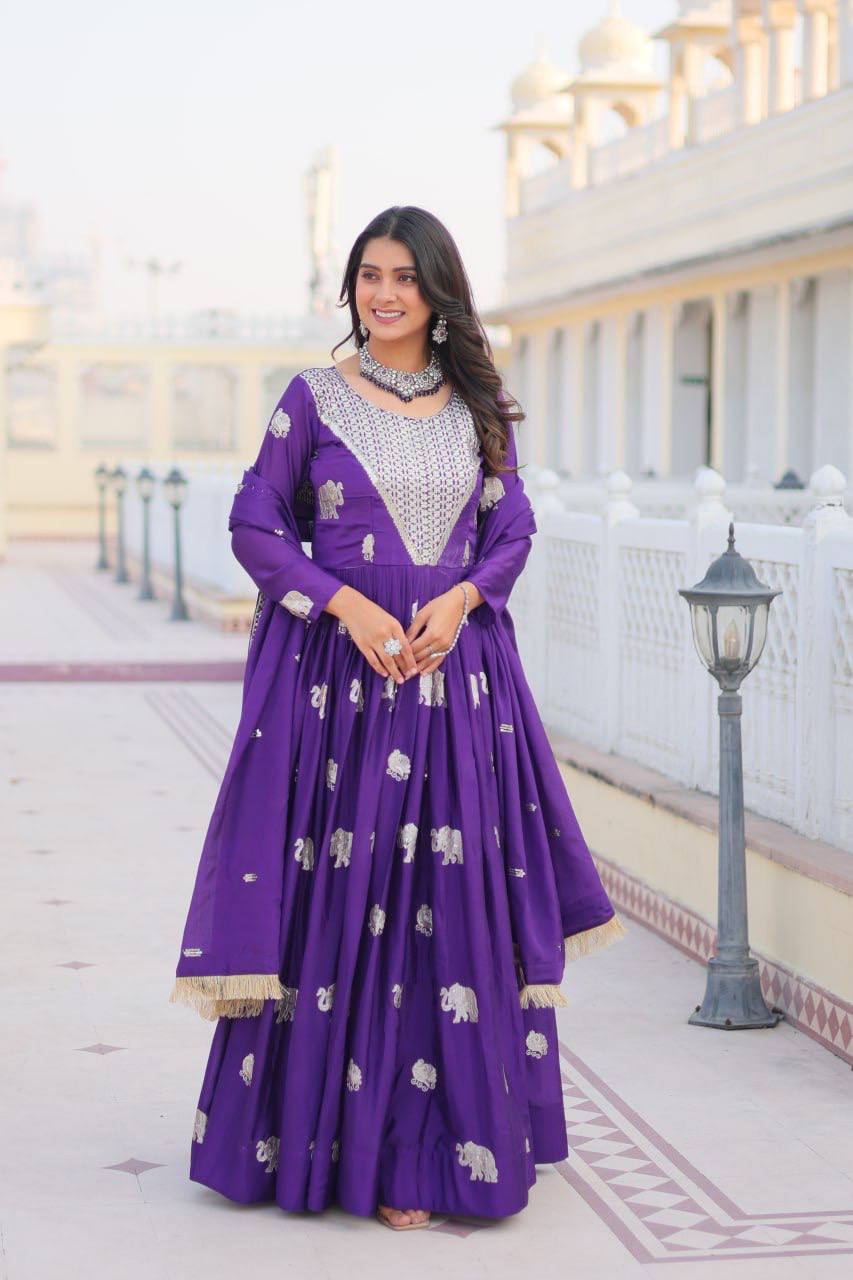 Pure Chinon Embroidered Gown with Heavy Sequin Work and Lace Border Dupatta - ETHNICDEAL