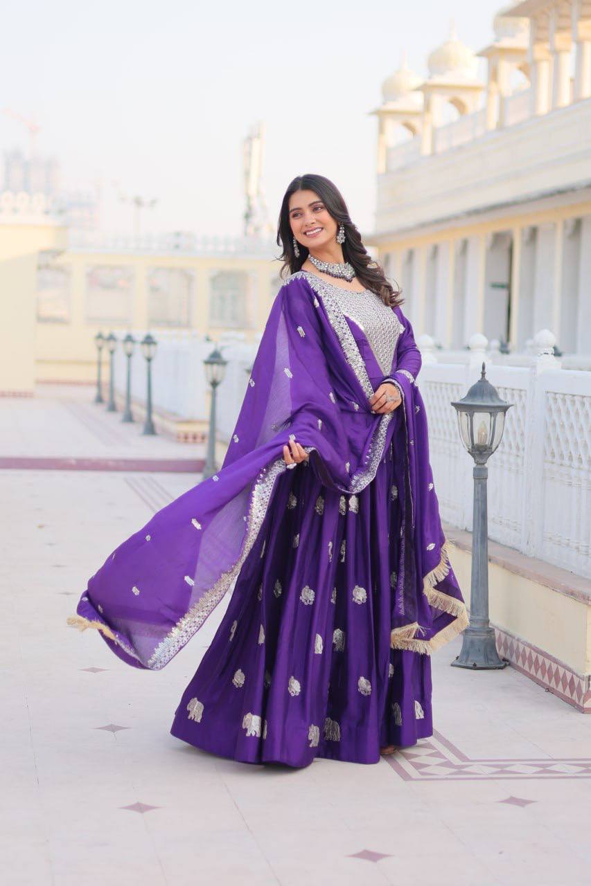 Pure Chinon Embroidered Gown with Heavy Sequin Work and Lace Border Dupatta - ETHNICDEAL