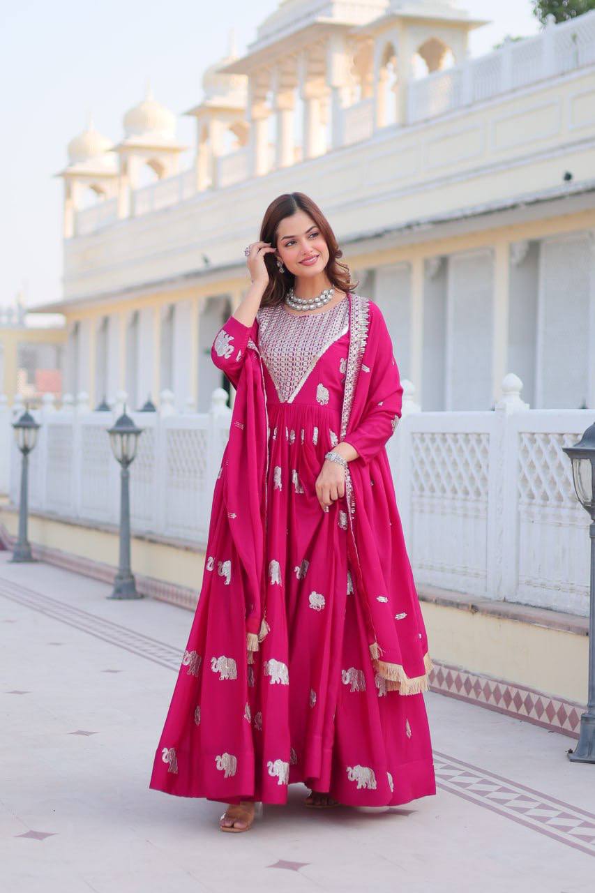 Pure Chinon Embroidered Gown with Heavy Sequin Work and Lace Border Dupatta - ETHNICDEAL