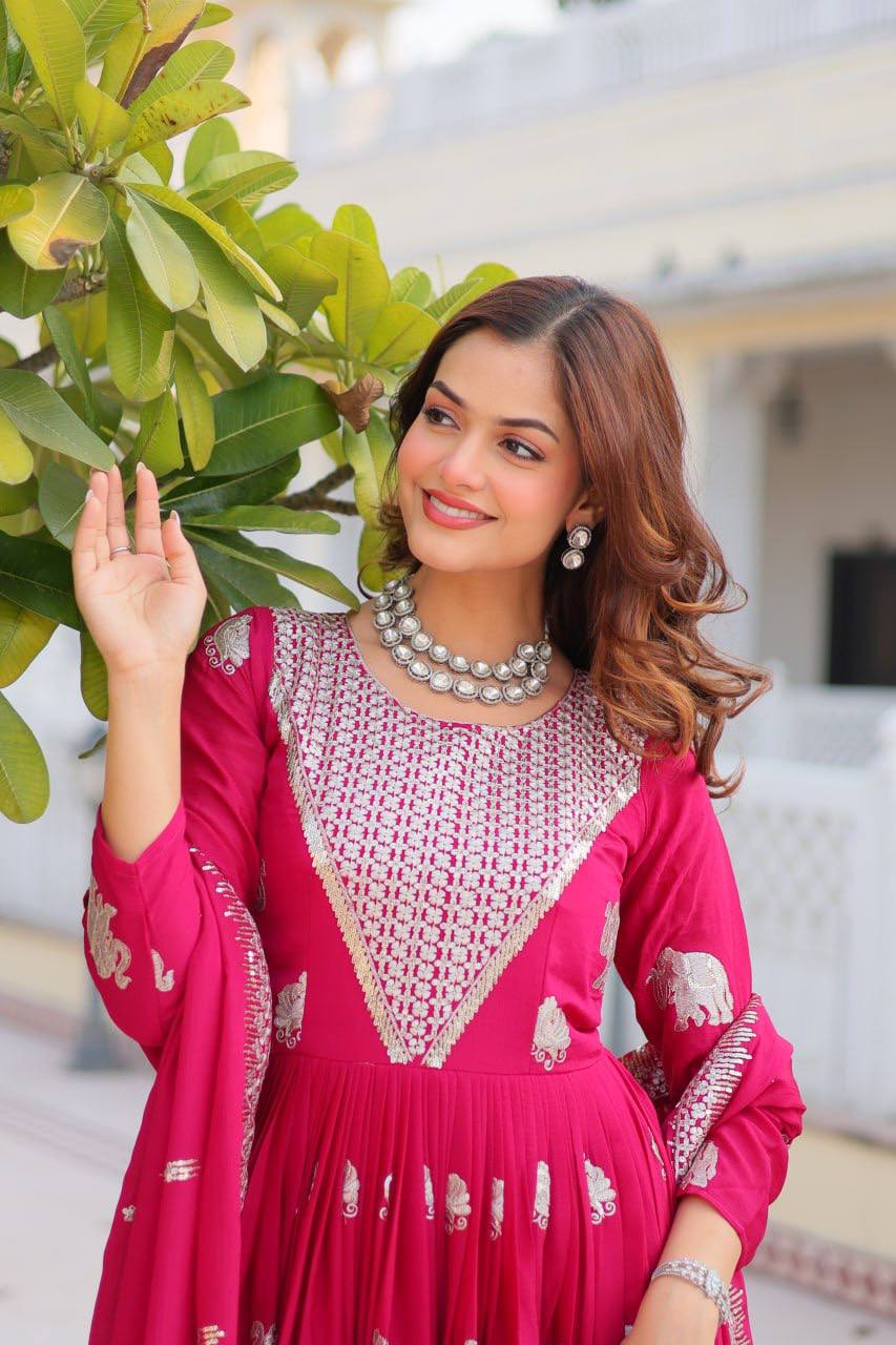 Pure Chinon Embroidered Gown with Heavy Sequin Work and Lace Border Dupatta - ETHNICDEAL