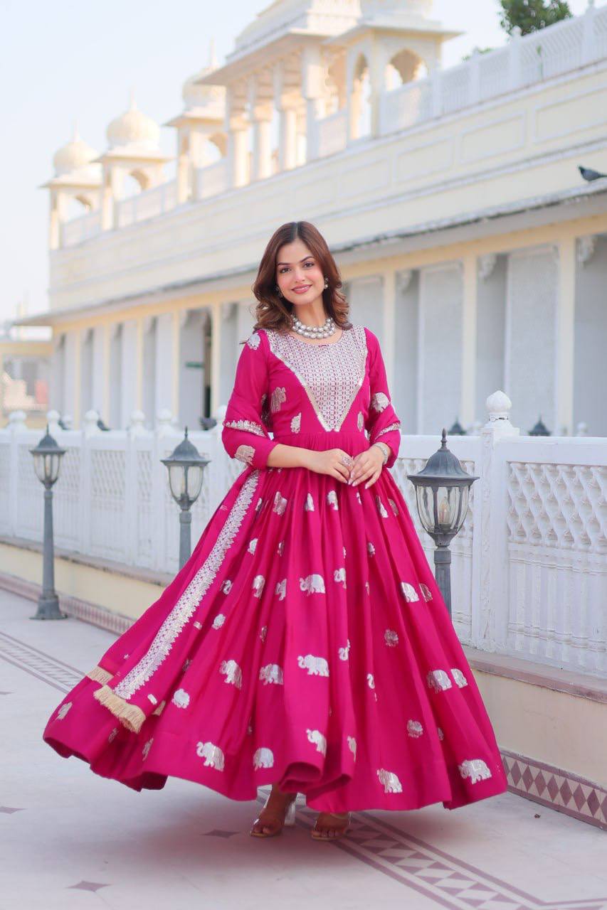 Pure Chinon Embroidered Gown with Heavy Sequin Work and Lace Border Dupatta - ETHNICDEAL