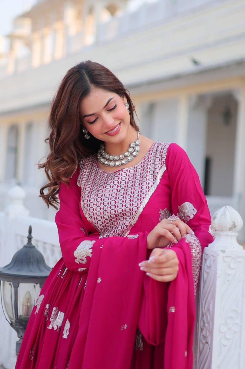 Pure Chinon Embroidered Gown with Heavy Sequin Work and Lace Border Dupatta - ETHNICDEAL