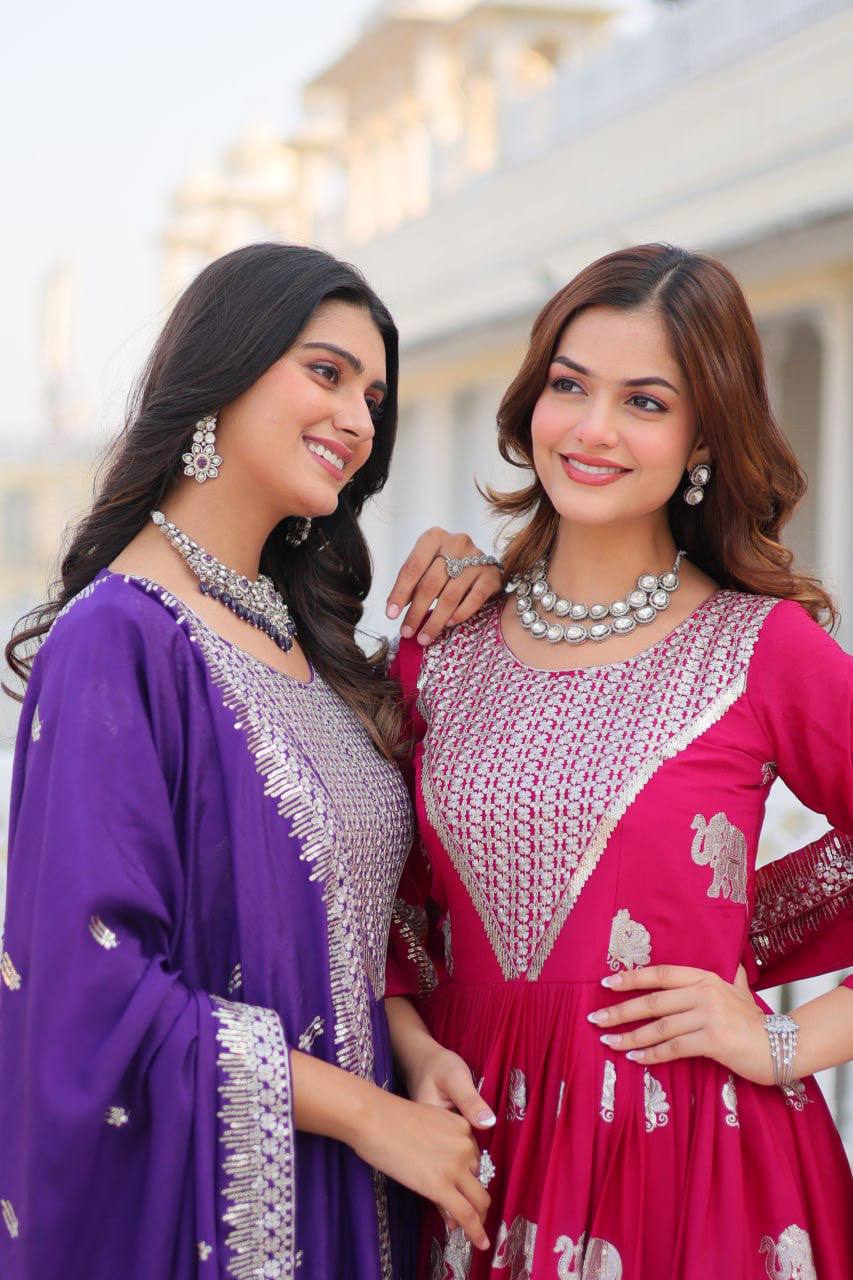 Pure Chinon Embroidered Gown with Heavy Sequin Work and Lace Border Dupatta - ETHNICDEAL