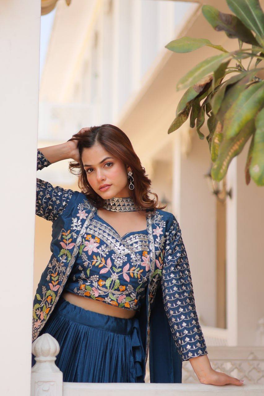 Pure Chinon Embroidered Lehenga Choli with Koti and Matching Dupatta - ETHNICDEAL