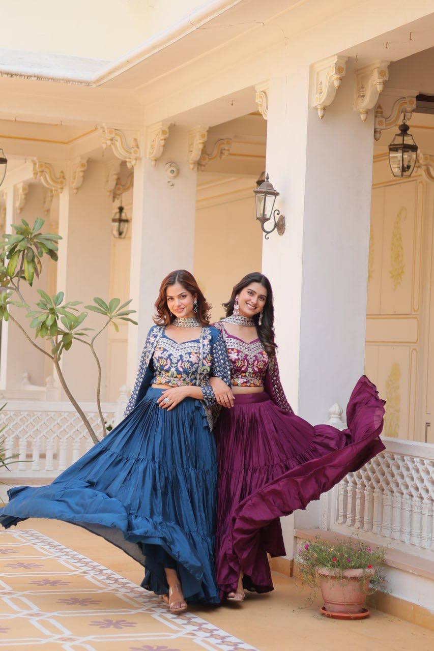 Pure Chinon Embroidered Lehenga Choli with Koti and Matching Dupatta - ETHNICDEAL