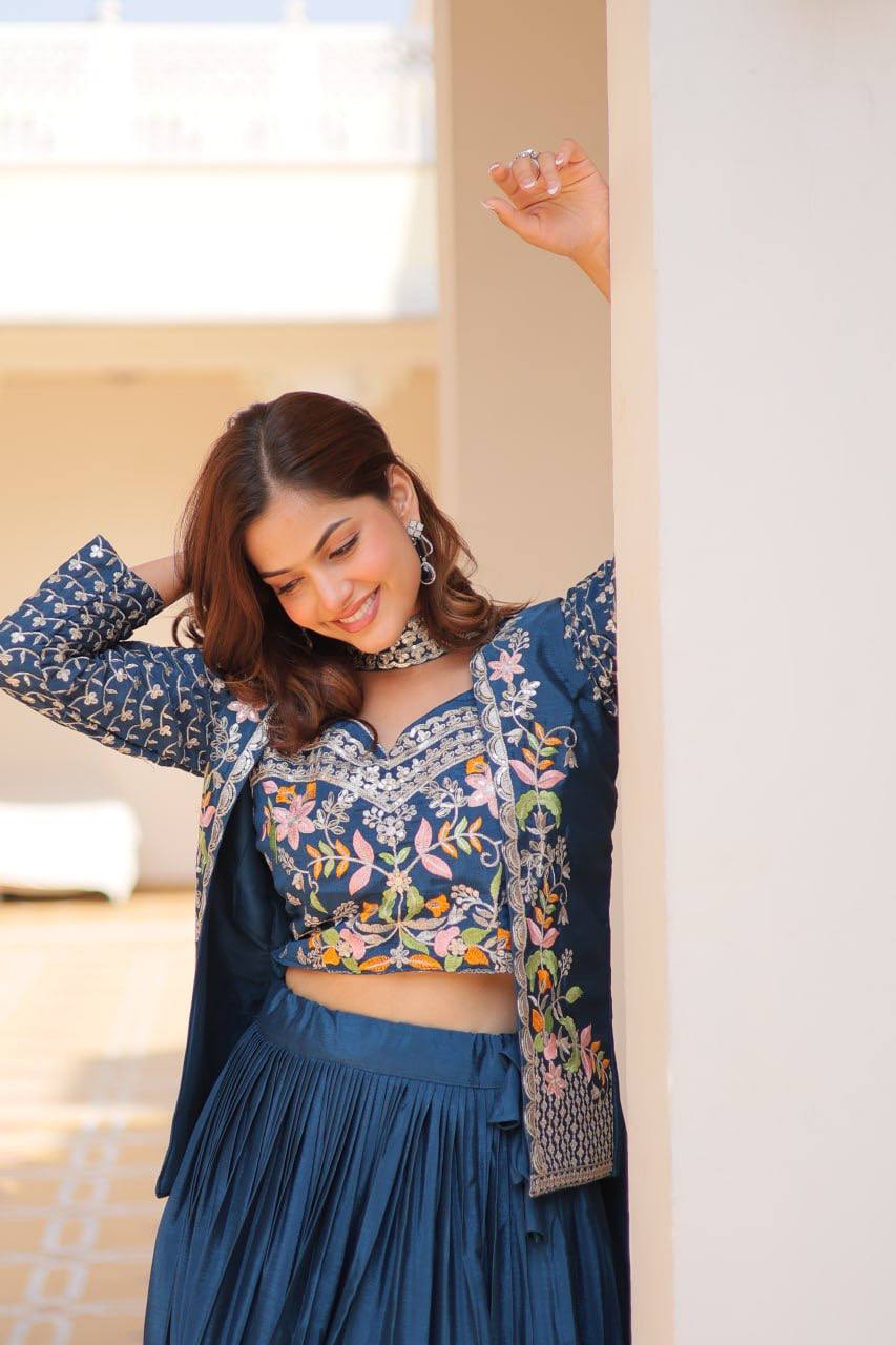 Pure Chinon Embroidered Lehenga Choli with Koti and Matching Dupatta - ETHNICDEAL