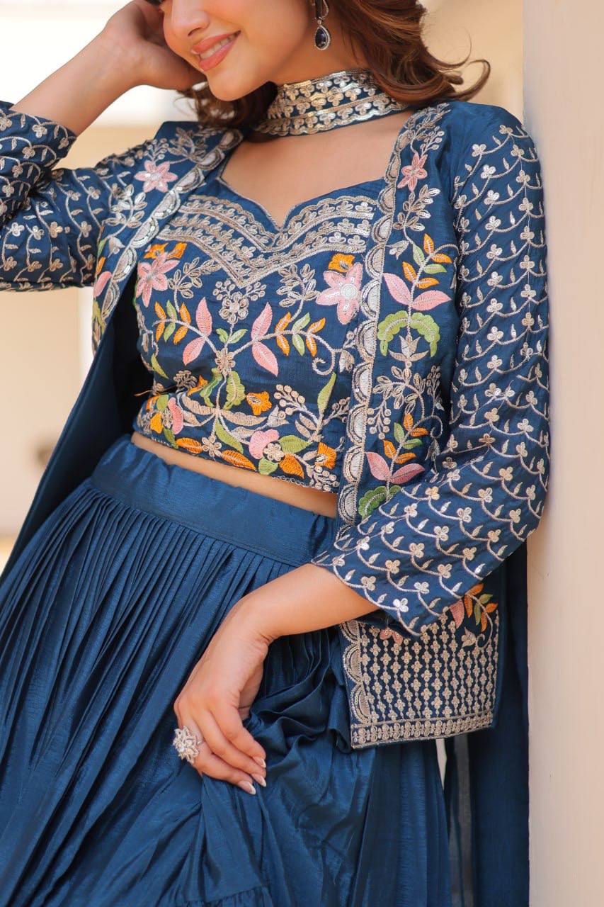 Pure Chinon Embroidered Lehenga Choli with Koti and Matching Dupatta - ETHNICDEAL