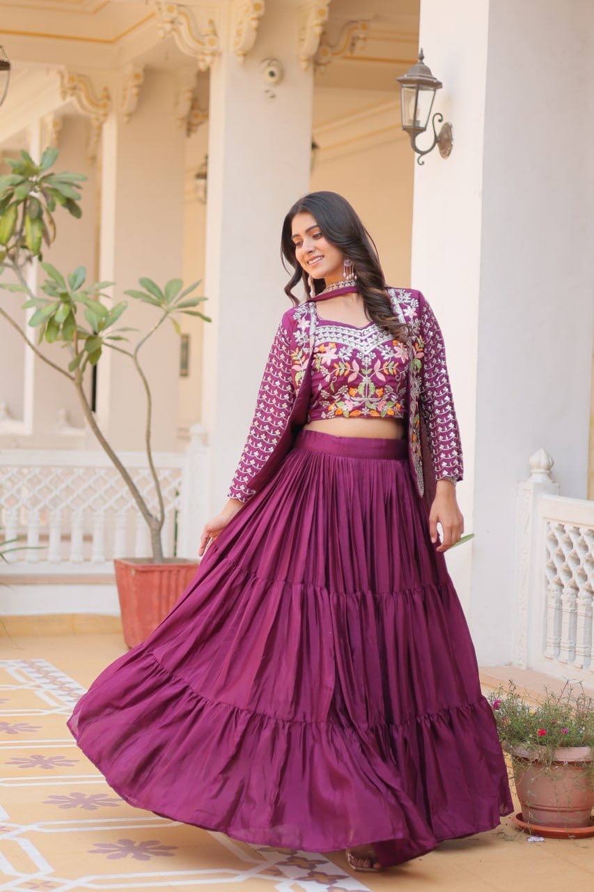 Pure Chinon Embroidered Lehenga Choli with Koti and Matching Dupatta - ETHNICDEAL