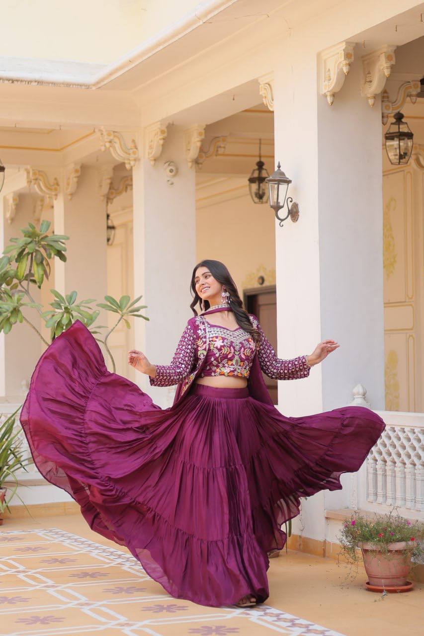 Pure Chinon Embroidered Lehenga Choli with Koti and Matching Dupatta - ETHNICDEAL