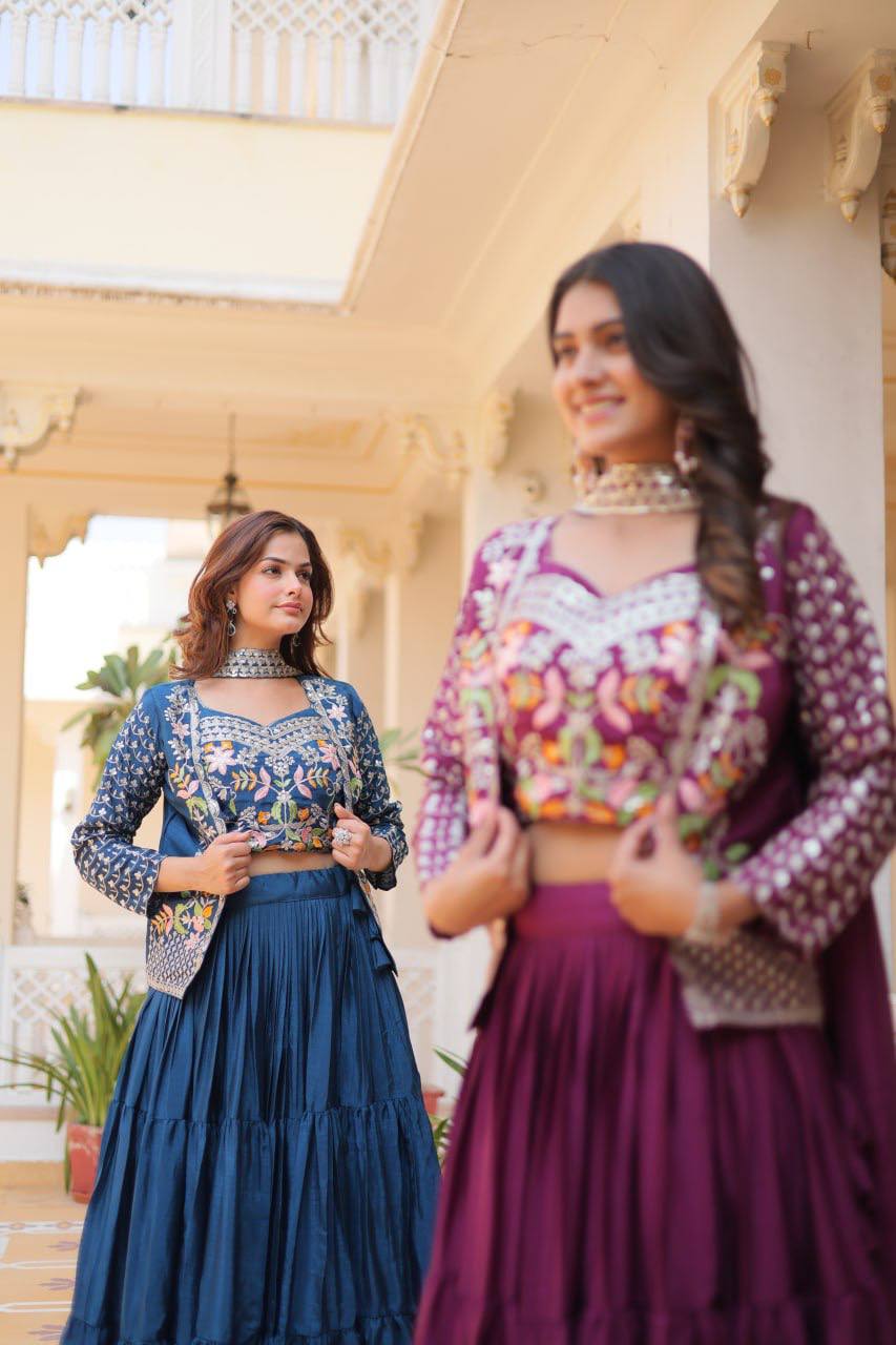 Pure Chinon Embroidered Lehenga Choli with Koti and Matching Dupatta - ETHNICDEAL