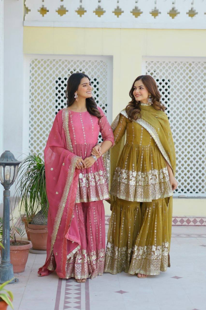 Elegant Pure Simmar Sharara Set with Heavy 3mm Sequence Embroidery Work - ETHNICDEAL