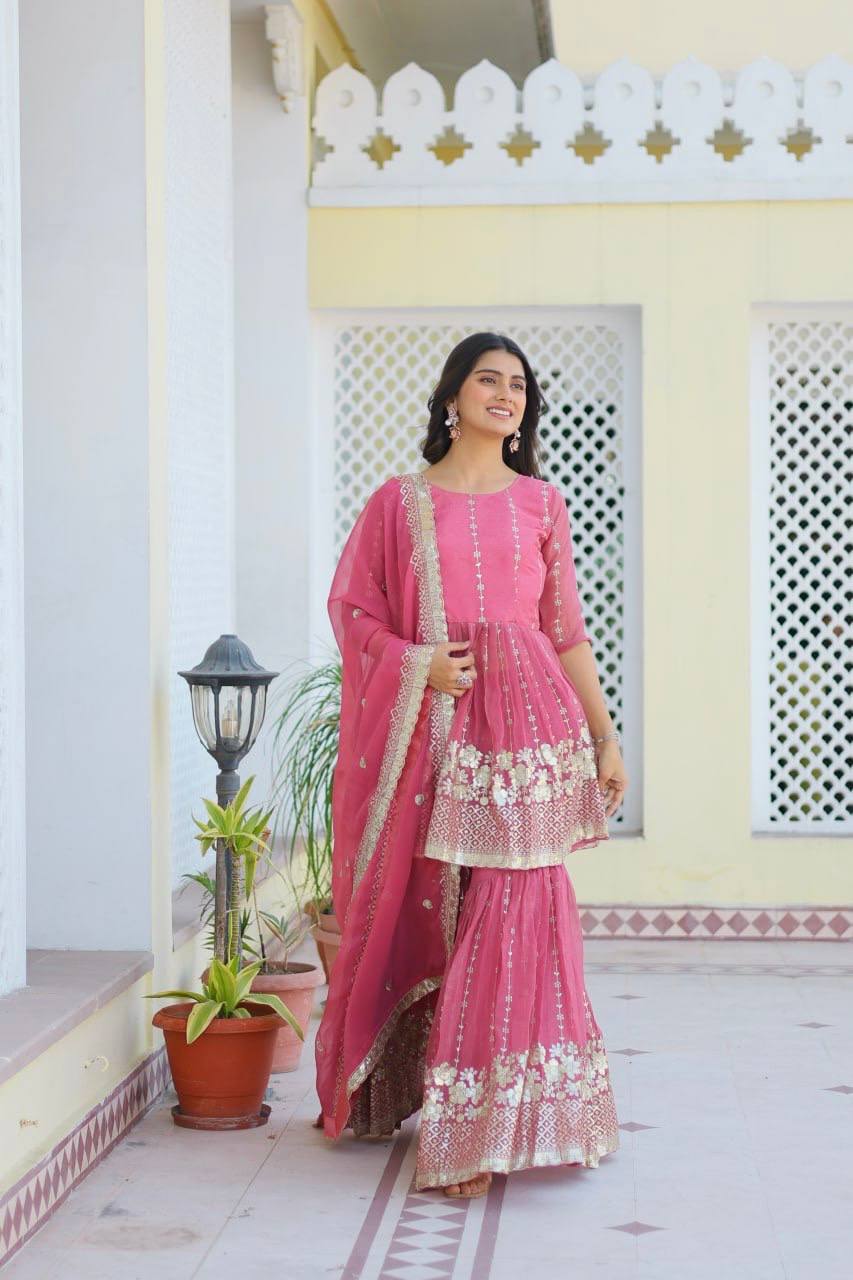 Elegant Pure Simmar Sharara Set with Heavy 3mm Sequence Embroidery Work - ETHNICDEAL