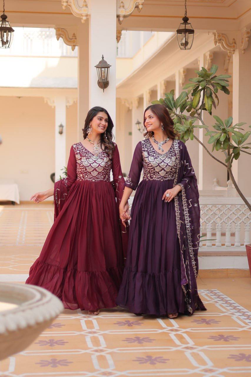 Spectacular Pure Star Georgette Heavy Embroidered Gown With Dupatta - ETHNICDEAL