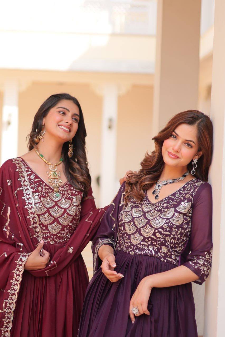 Spectacular Pure Star Georgette Heavy Embroidered Gown With Dupatta - ETHNICDEAL