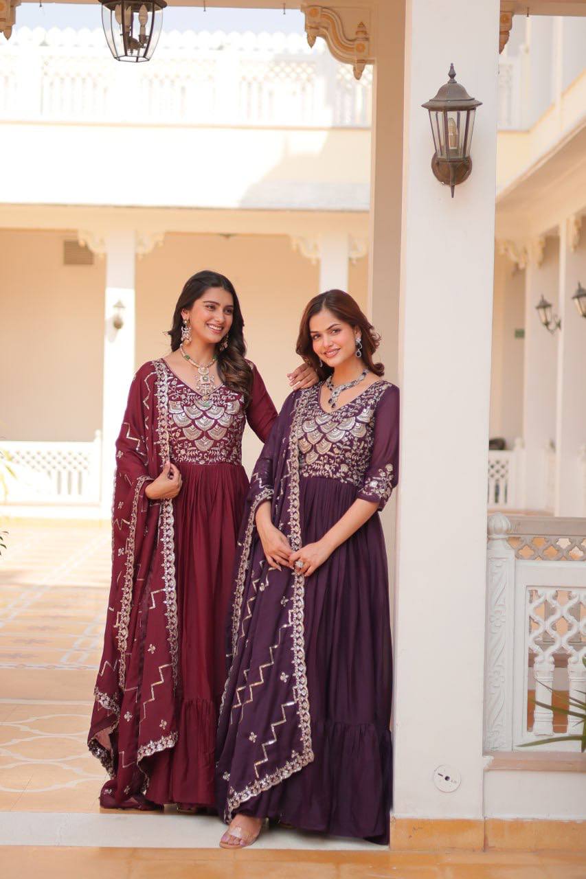 Spectacular Pure Star Georgette Heavy Embroidered Gown With Dupatta - ETHNICDEAL