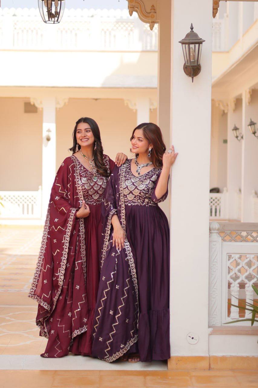 Spectacular Pure Star Georgette Heavy Embroidered Gown With Dupatta - ETHNICDEAL