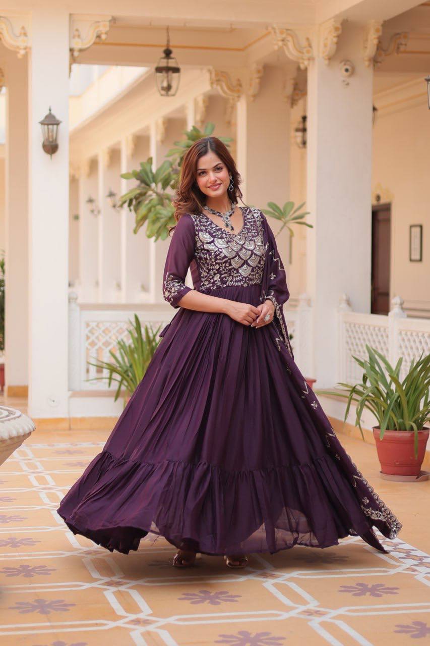 Spectacular Pure Star Georgette Heavy Embroidered Gown With Dupatta - ETHNICDEAL