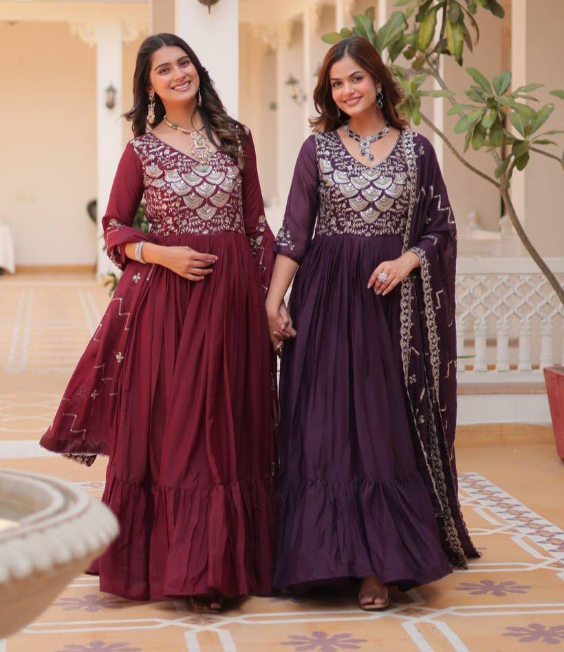 Spectacular Pure Star Georgette Heavy Embroidered Gown With Dupatta - ETHNICDEAL