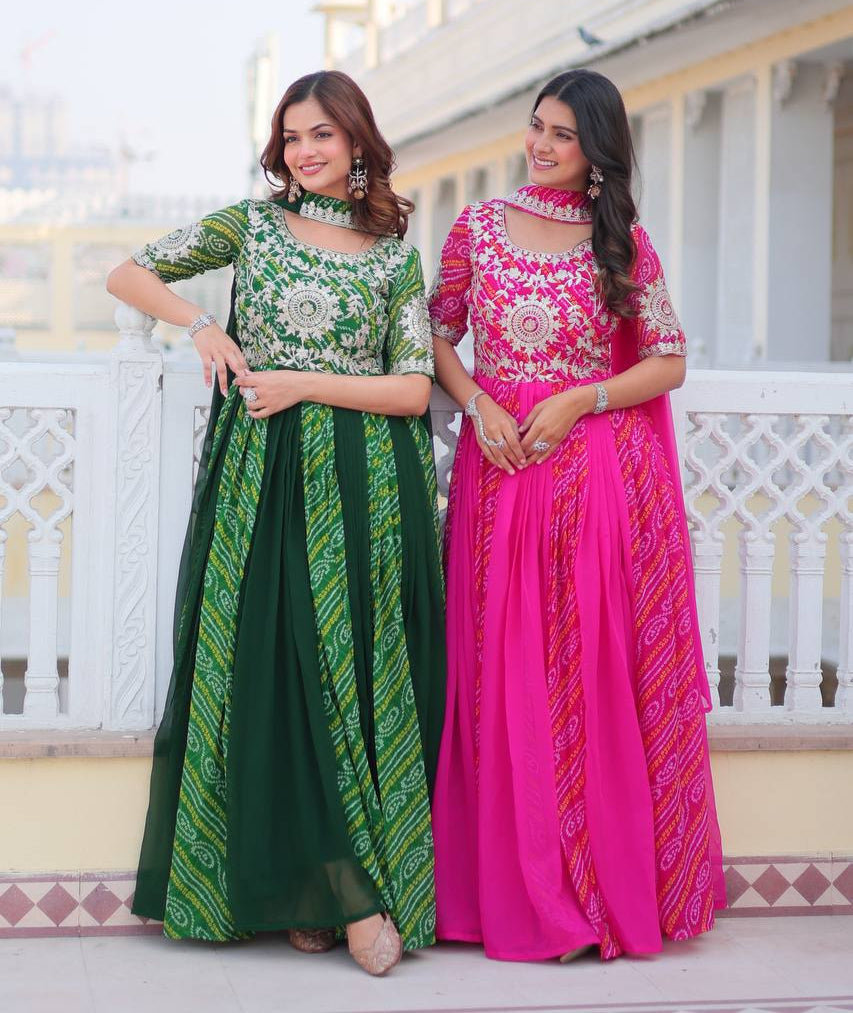 Pure Bandhej Faux Georgette Embroidered Gown Set With Dupatta - ETHNICDEAL