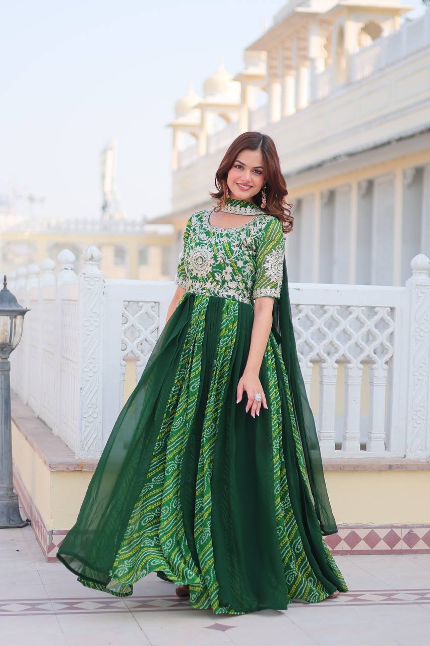 Pure Bandhej Faux Georgette Embroidered Gown Set With Dupatta - ETHNICDEAL