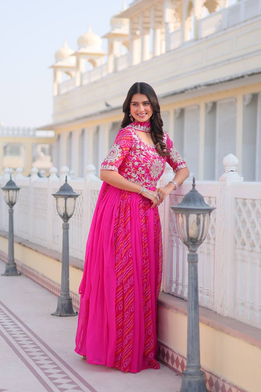 Pure Bandhej Faux Georgette Embroidered Gown Set With Dupatta - ETHNICDEAL