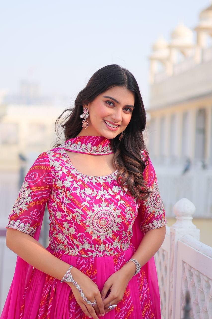 Pure Bandhej Faux Georgette Embroidered Gown Set With Dupatta - ETHNICDEAL