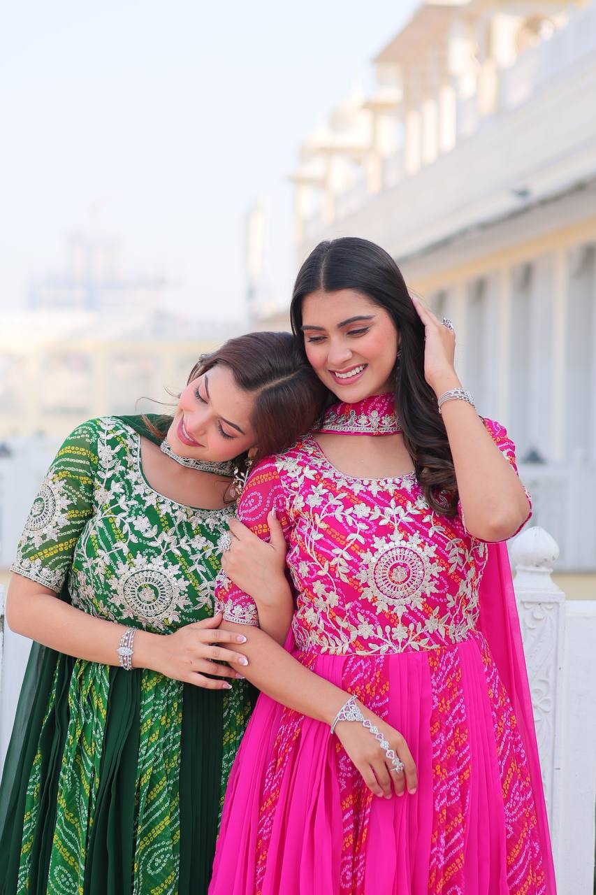 Pure Bandhej Faux Georgette Embroidered Gown Set With Dupatta - ETHNICDEAL