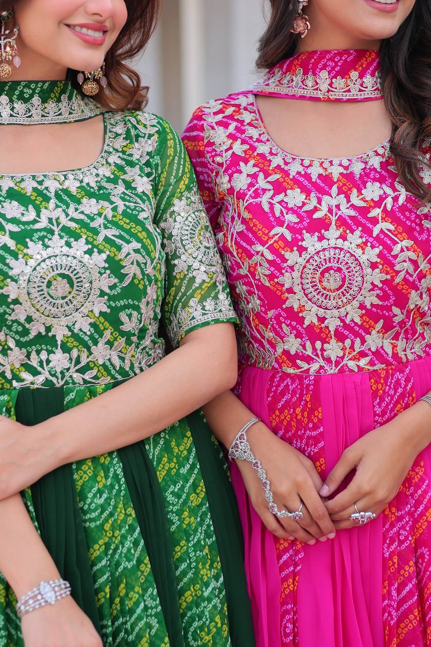 Pure Bandhej Faux Georgette Embroidered Gown Set With Dupatta - ETHNICDEAL