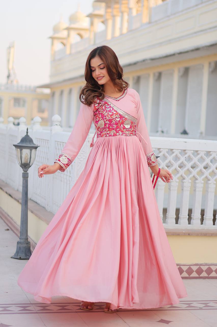 Pure Chinon & Bandhej Gown Set With Jacket and Hand Purse - ETHNICDEAL