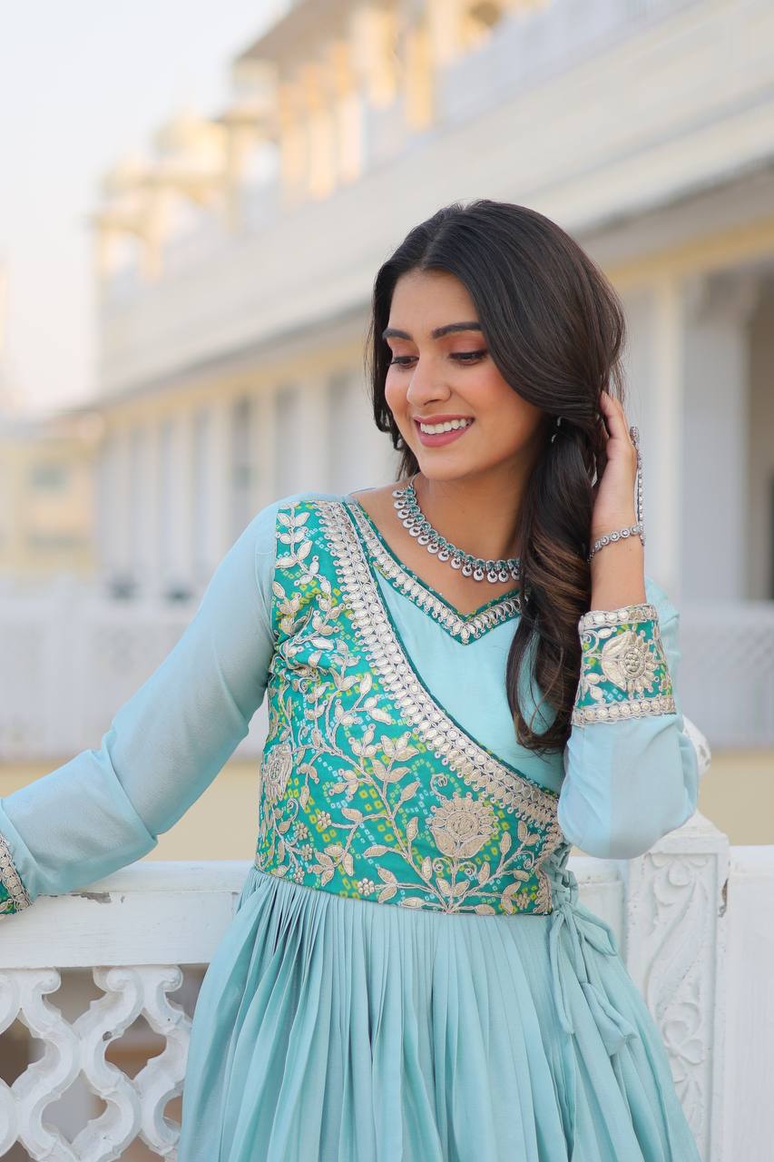Pure Chinon & Bandhej Gown Set With Jacket and Hand Purse - ETHNICDEAL