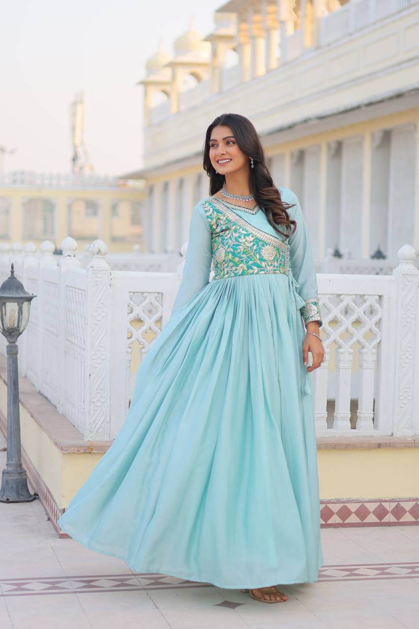 Pure Chinon & Bandhej Gown Set With Jacket and Hand Purse - ETHNICDEAL