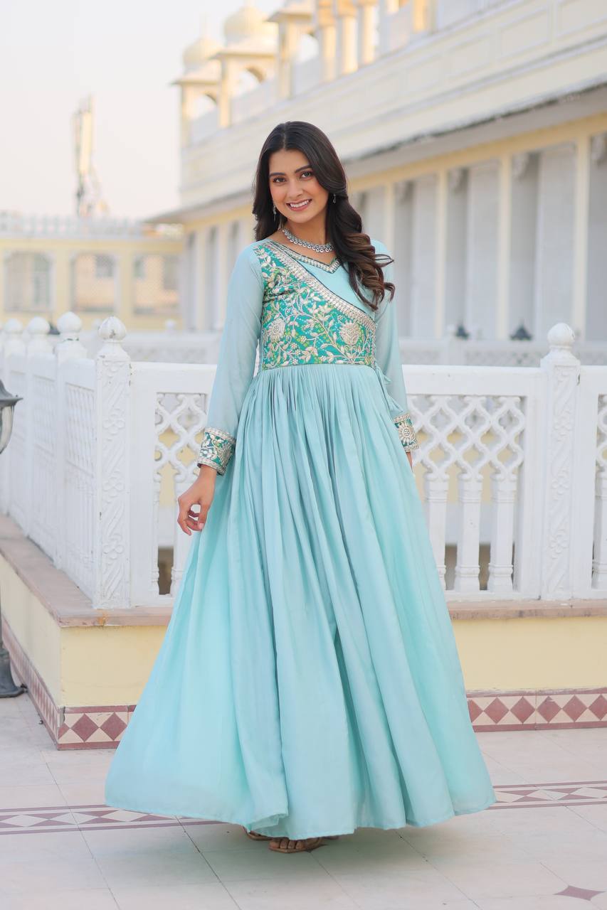 Pure Chinon & Bandhej Gown Set With Jacket and Hand Purse - ETHNICDEAL