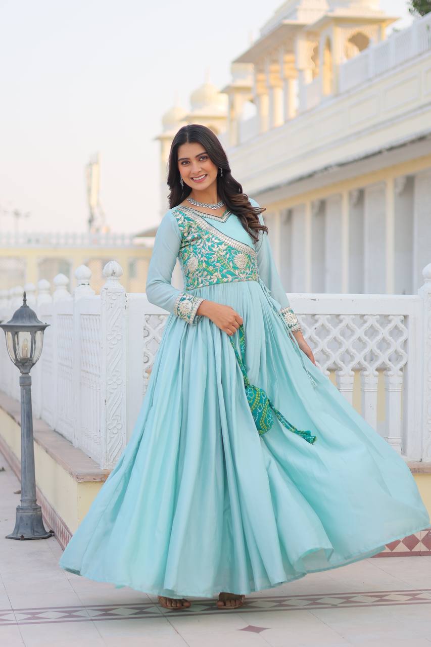 Pure Chinon & Bandhej Gown Set With Jacket and Hand Purse - ETHNICDEAL