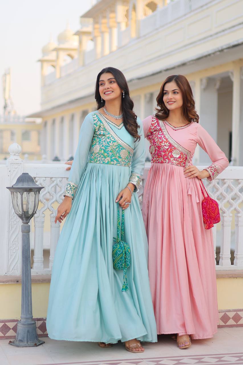 Pure Chinon & Bandhej Gown Set With Jacket and Hand Purse - ETHNICDEAL