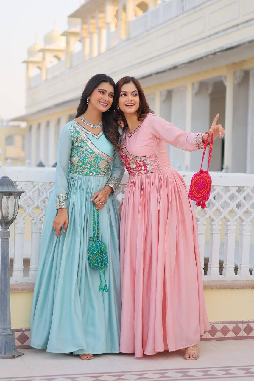 Pure Chinon & Bandhej Gown Set With Jacket and Hand Purse - ETHNICDEAL