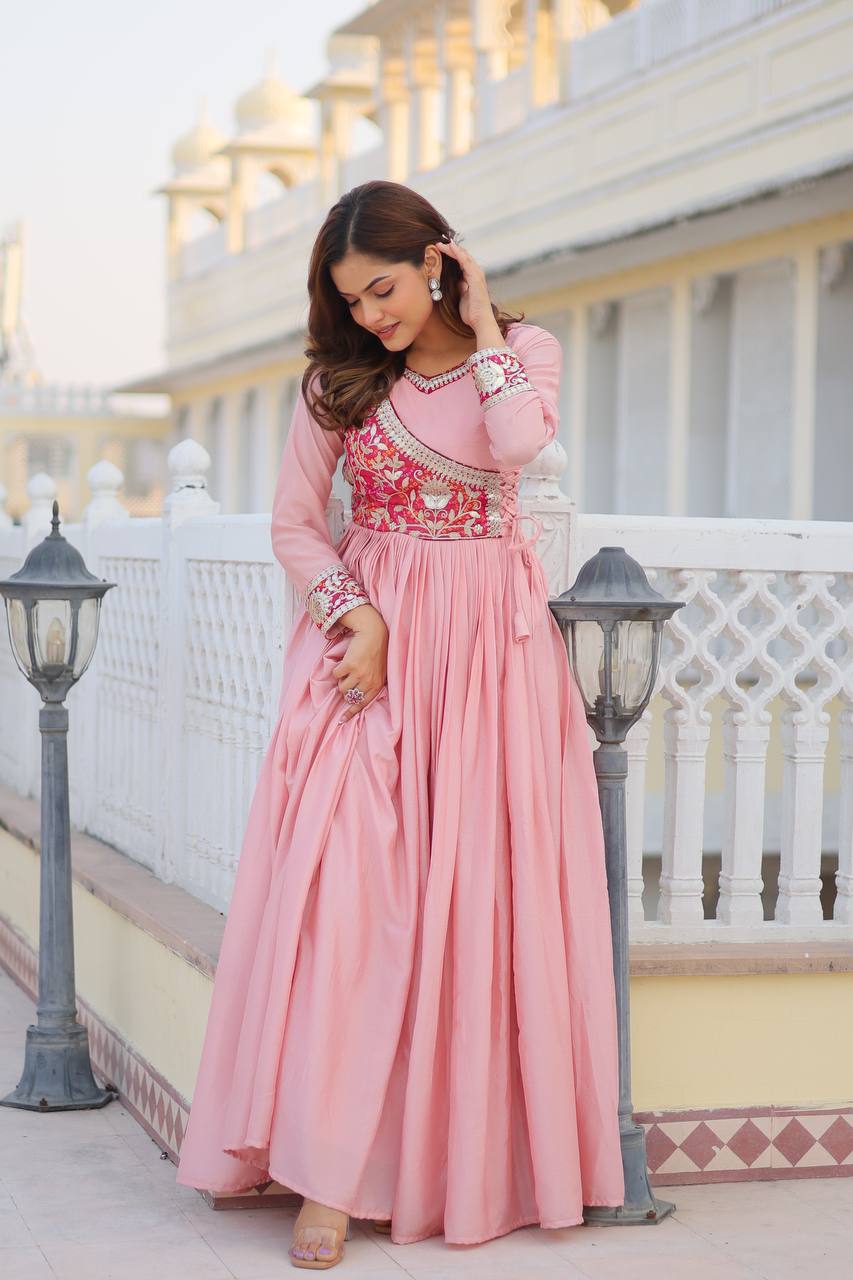 Pure Chinon & Bandhej Gown Set With Jacket and Hand Purse - ETHNICDEAL