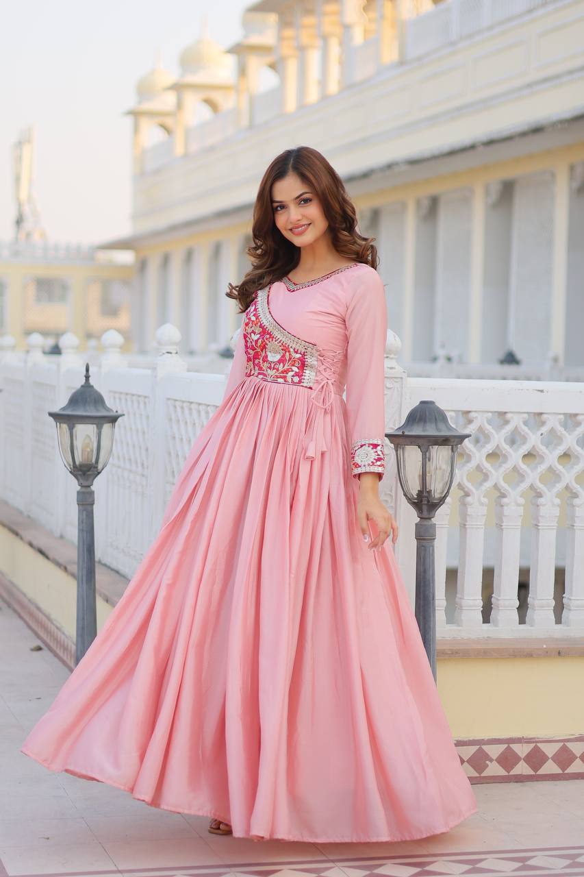 Pure Chinon & Bandhej Gown Set With Jacket and Hand Purse - ETHNICDEAL