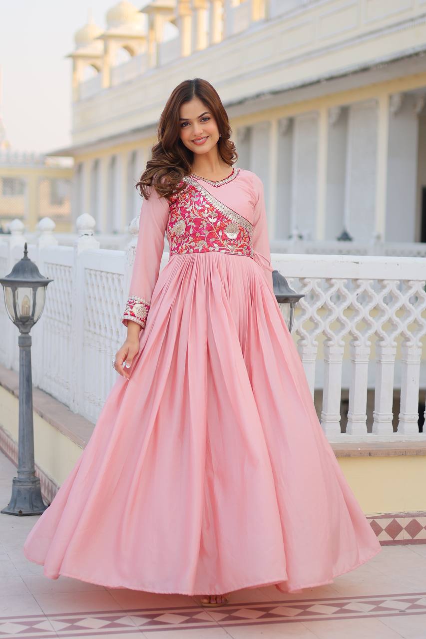 Pure Chinon & Bandhej Gown Set With Jacket and Hand Purse - ETHNICDEAL