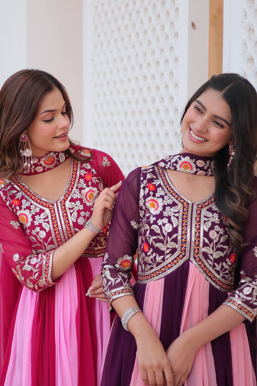 Spectacular Two Tone Faux Georgette Embroidered Gown With Dupatta - ETHNICDEAL