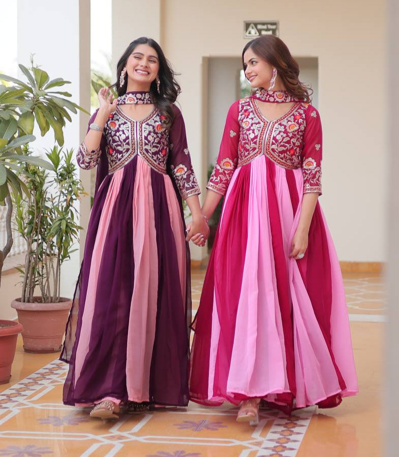 Spectacular Two Tone Faux Georgette Embroidered Gown With Dupatta - ETHNICDEAL