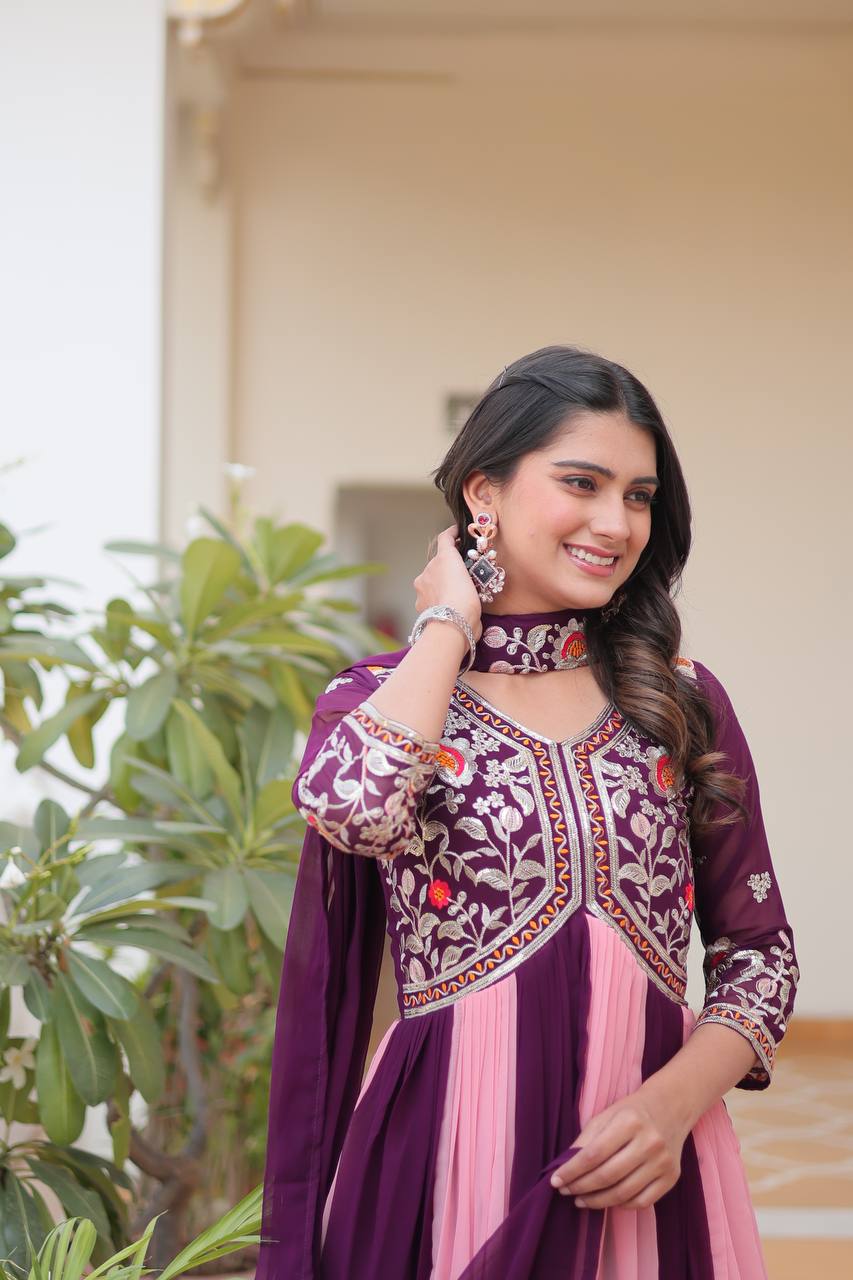 Spectacular Two Tone Faux Georgette Embroidered Gown With Dupatta - ETHNICDEAL