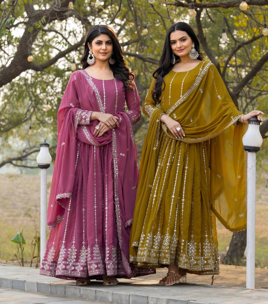 Glamorous Faux Georgette Gown 7mm Sequin Embroidery With Matching Dupatta - ETHNICDEAL